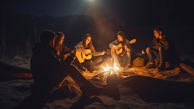 People enjoying music around a bonfire