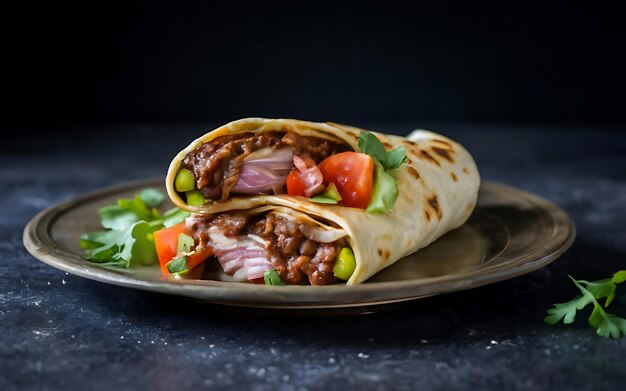 Burrito on a plate on a black background