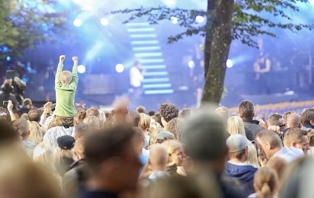 A crowd of people at a festival listening to a concert