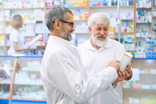 Pharmacist chatting with an elderly person