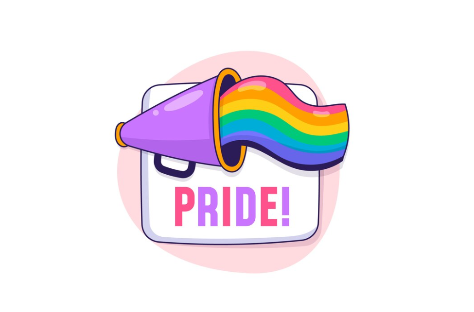 A megaphone wrapped with a pride flag next to the word "PRIDE!"