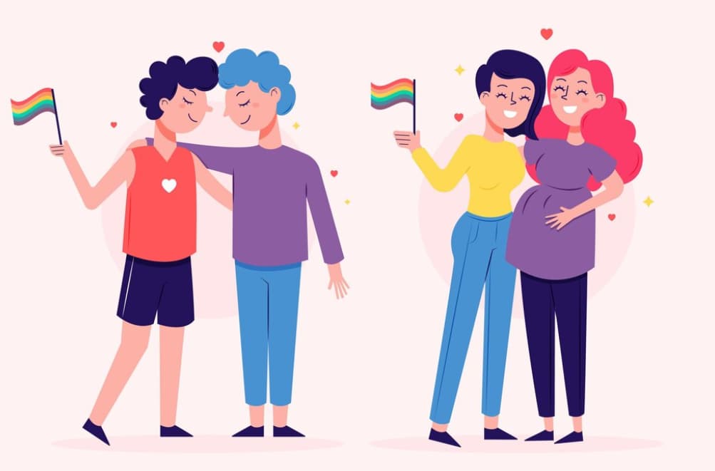 Two couples holding pride flags; one male, and one pregnant female couple