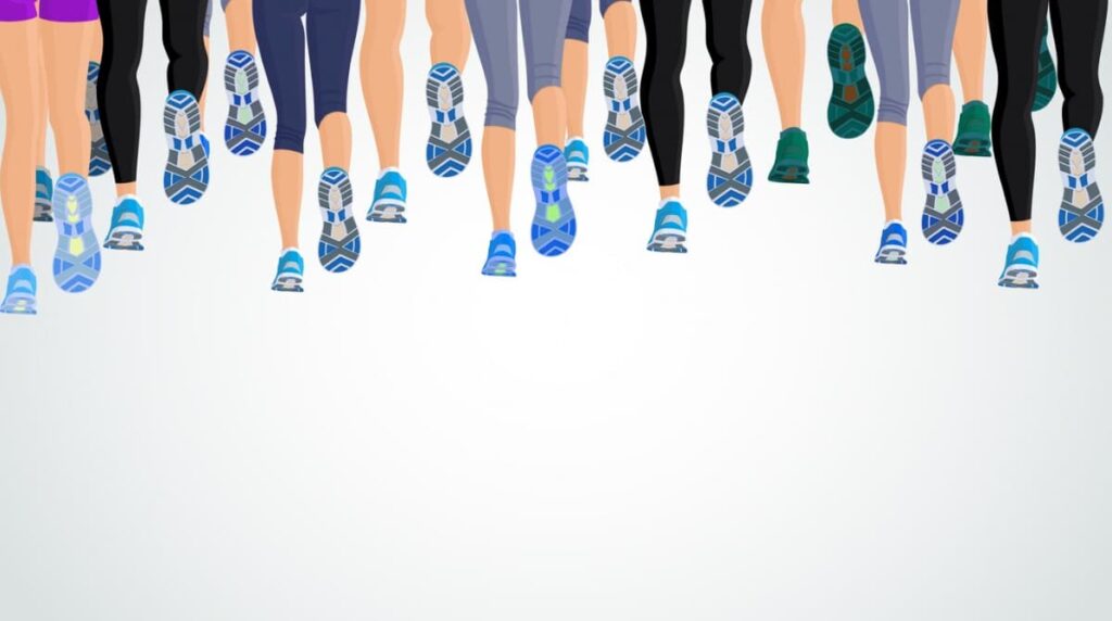 A variety of running shoes in motion representing a group of runners