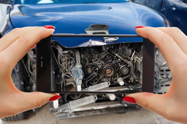 Phone capturing a close-up image of a car engine