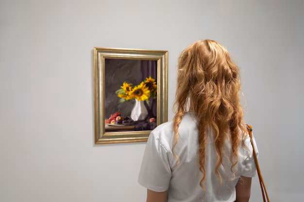 Girl looking at a painting in a gallery, rear view
