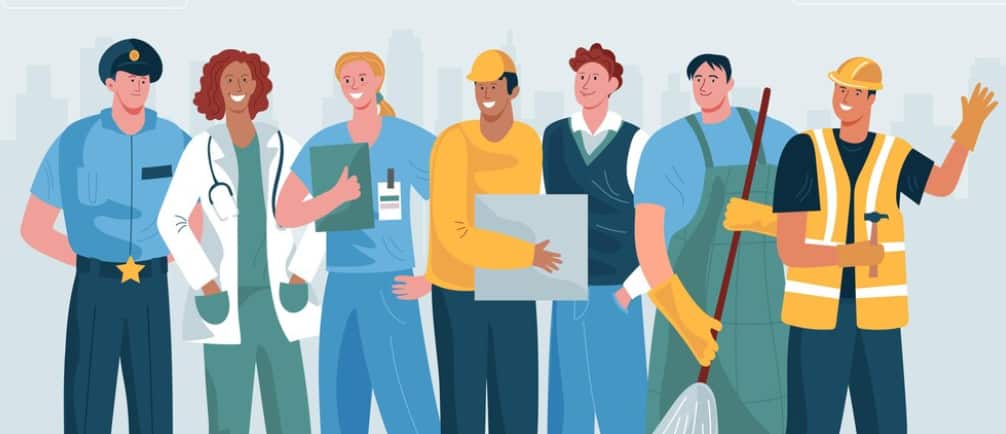 characters of different professions standings in a line and smiling