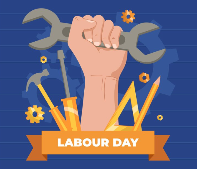 a hand holding the wrench and words Labor Day on dark blue fond