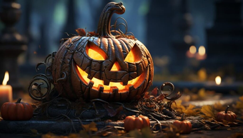 An intricately carved pumpkin amidst autumn leaves at dusk