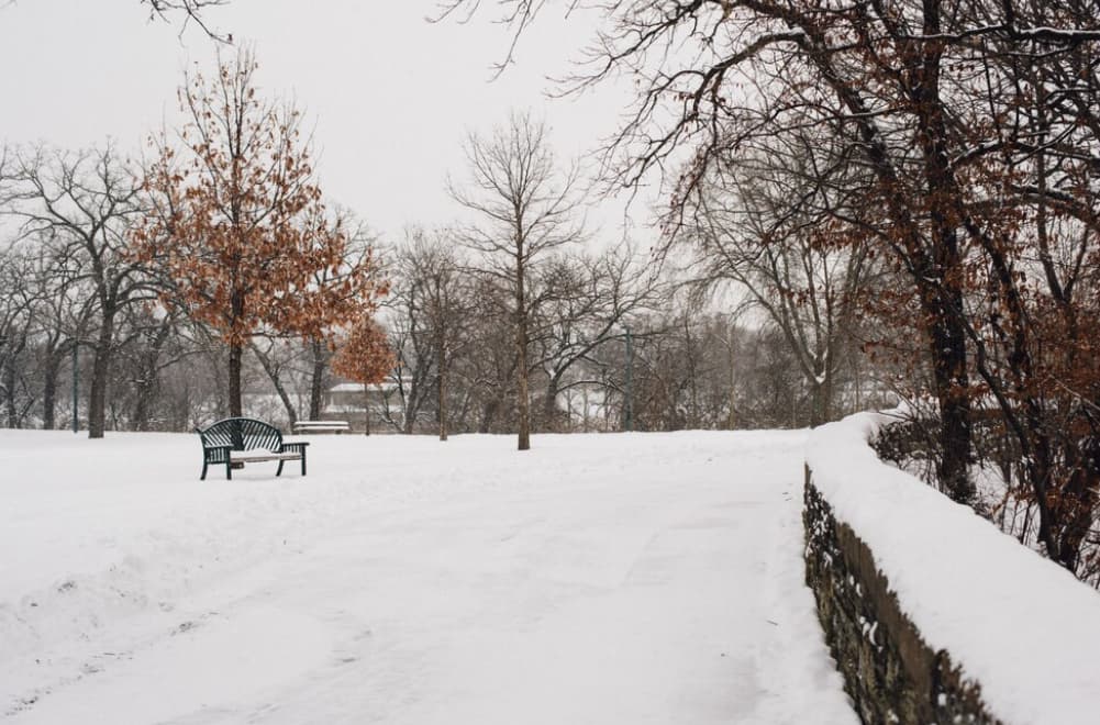 A solitary bench on a snowy path beside a stone wall