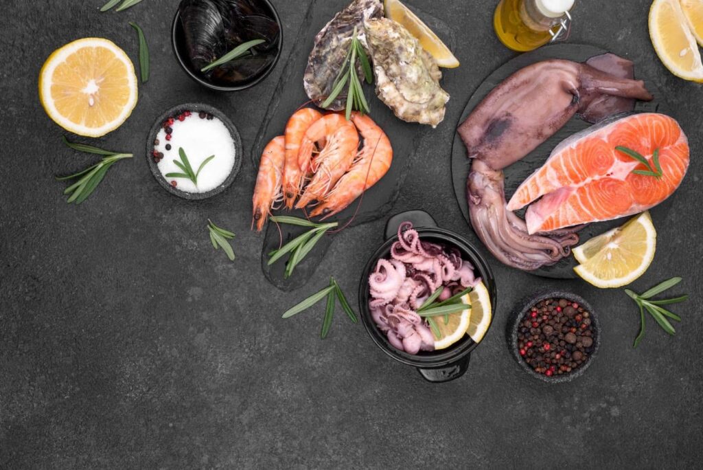 Top view of uncooked seafoods